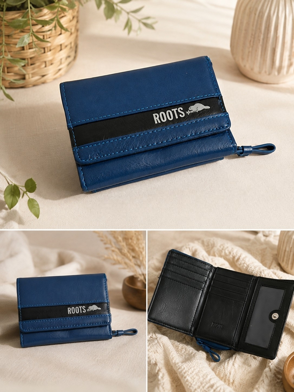 ROOTS Blue Leather Wallet with Card Slots